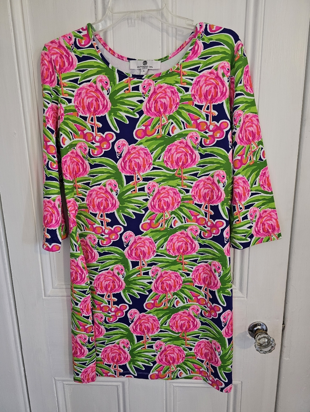Jean-Pierre Klifa Womens Large Daphne Dress Flamingo Palms Stretch 3/4 Sleeves